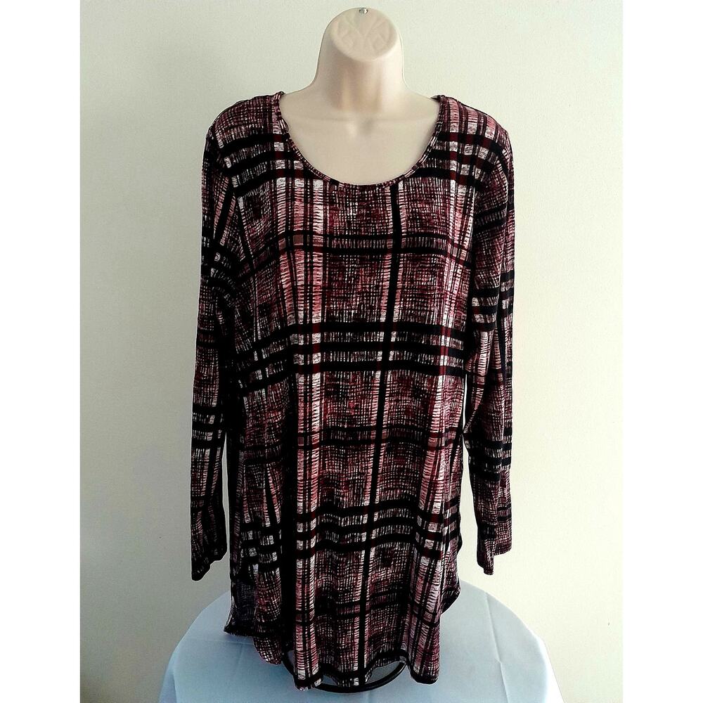 APT 9 ESSENTIALS Womens Plaid Knit Long Sleeves U-Neck Top w/Hi-Low Hem--Sz XL